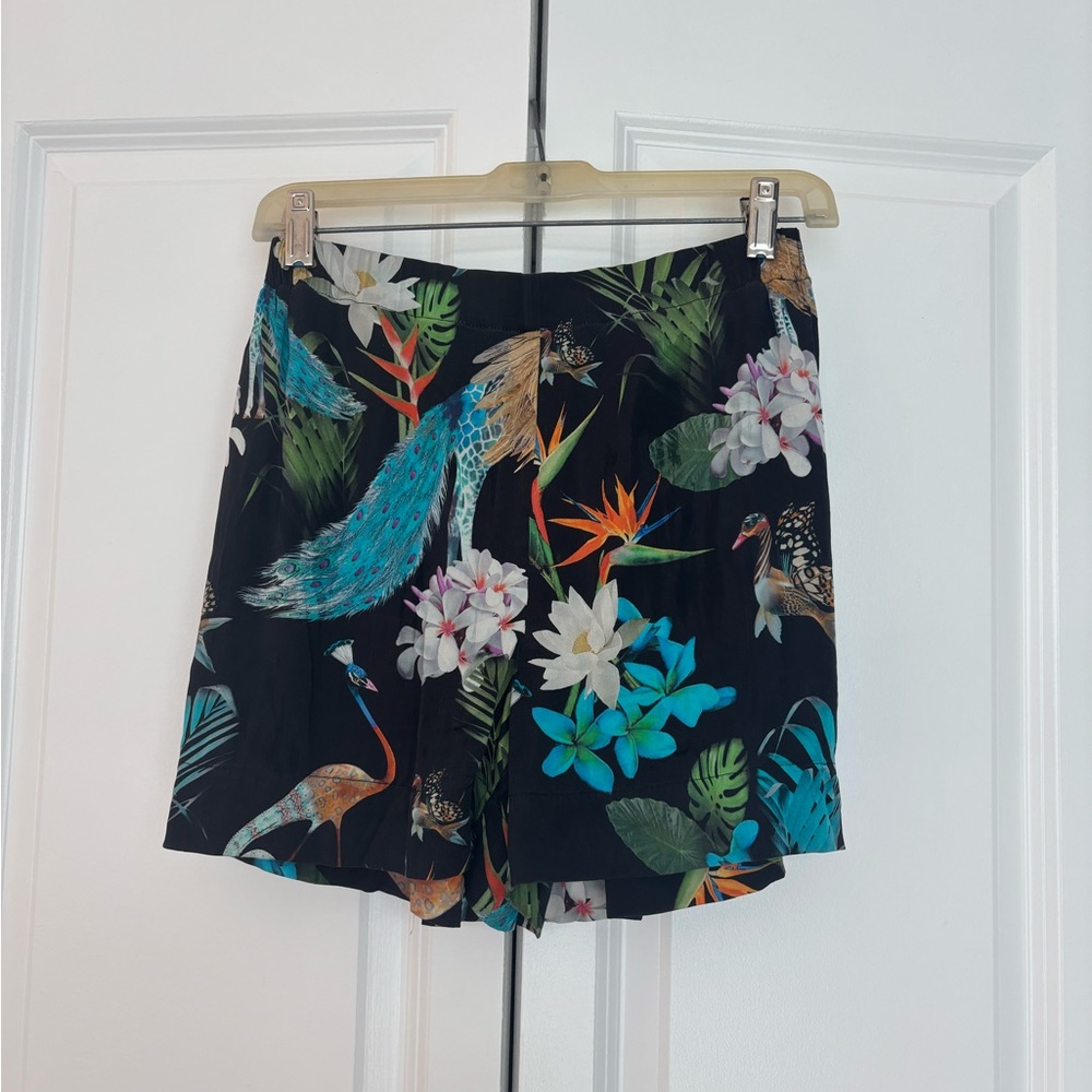 La Perla Silk Black Floral and Peacock Print High Waist Shorts
